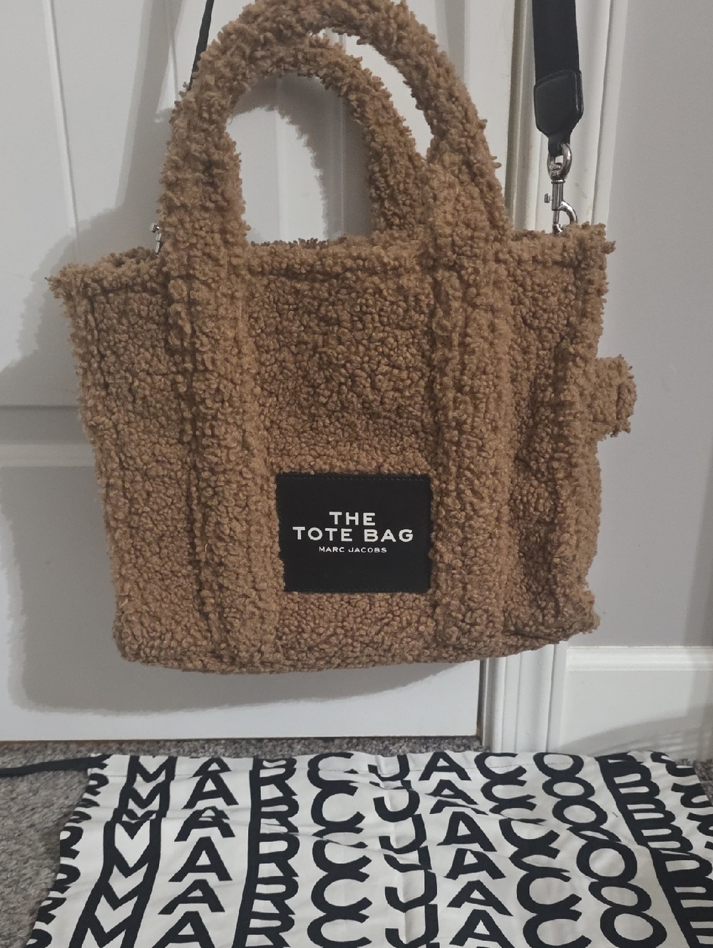 Marc Jacobs Sherpa Tote Bag in Camel Brown with Black Patch